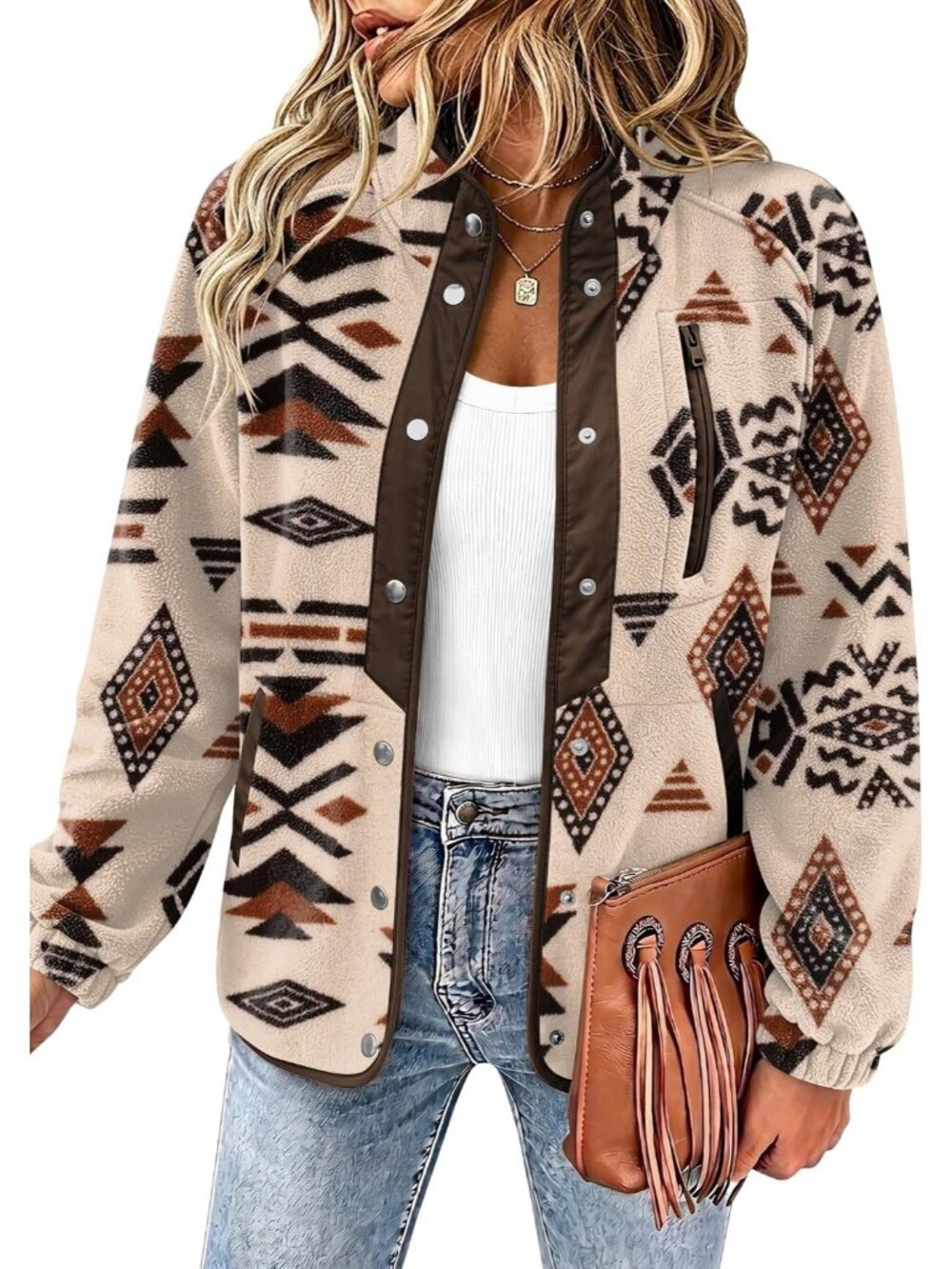 Women's Khaki Fleece Jacket Western Aztec Print Snap Button Down Outerwear